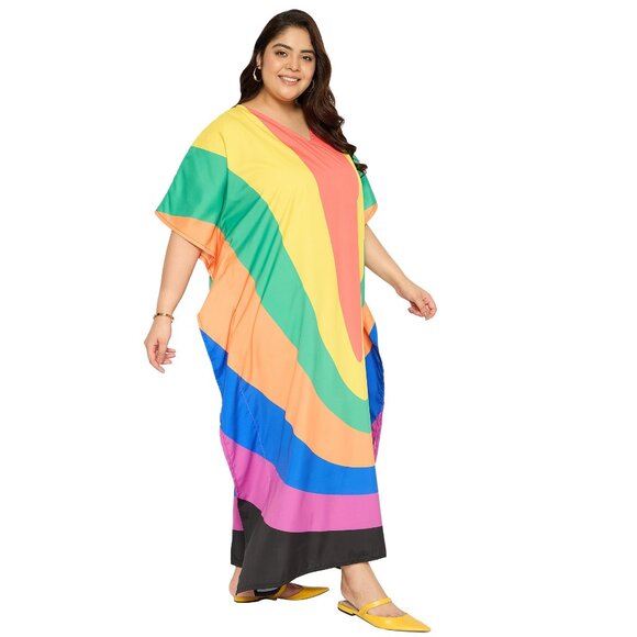 Gypsie Blu Women Rainbow Printed Kaftan Maxi Dress Kimono Sleeve Dress for Beach - Picture 4 of 9